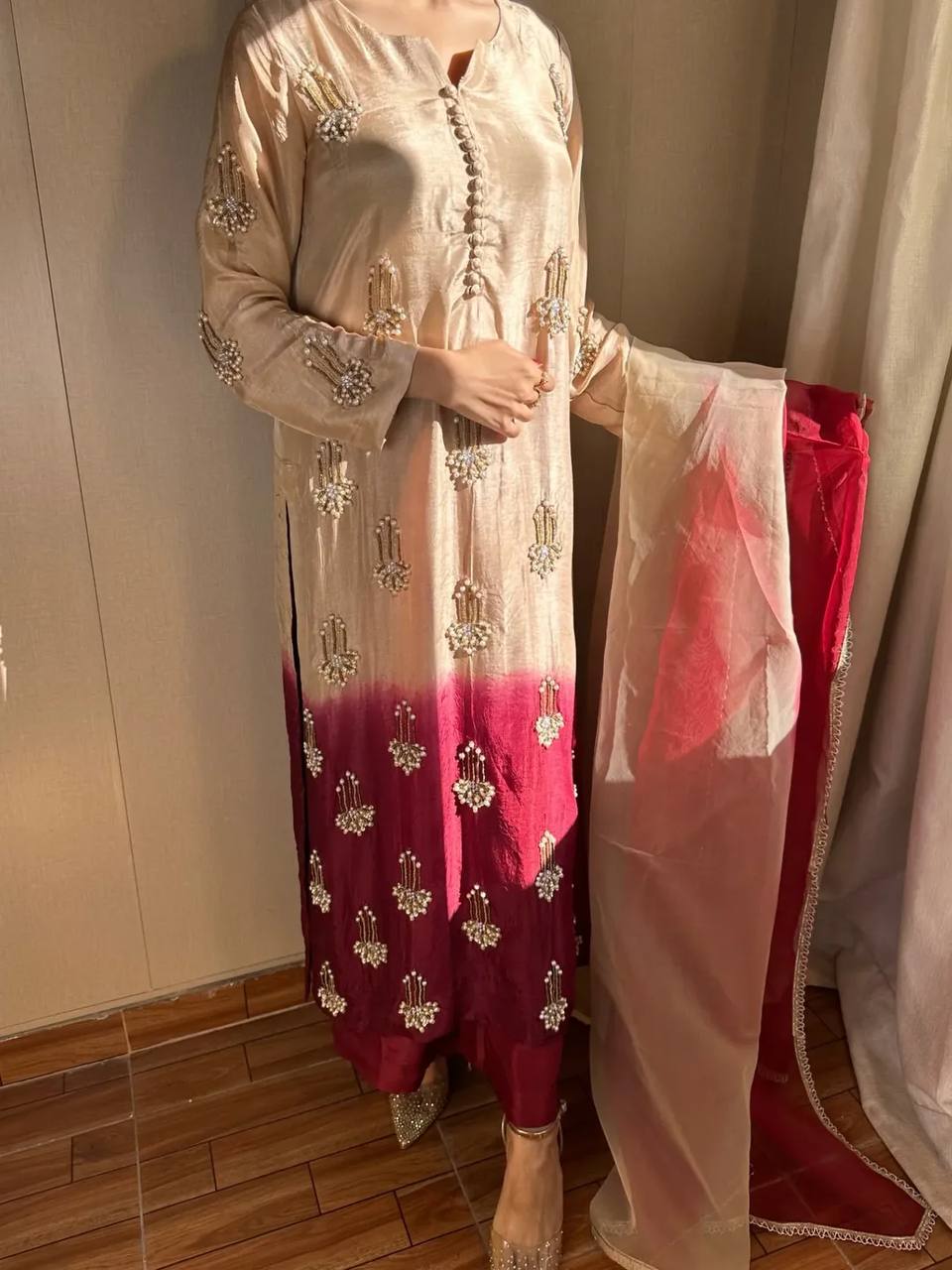 Modern Pearl-Drop Two-Tone Silk Suit